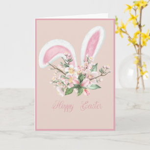 Easter Bunny Ears and Watercolor Pink Flowers Card