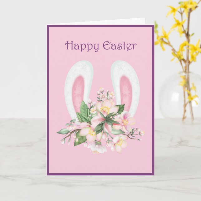 Easter Bunny Ears and Watercolor Pink Flowers Card (Yellow Flower)