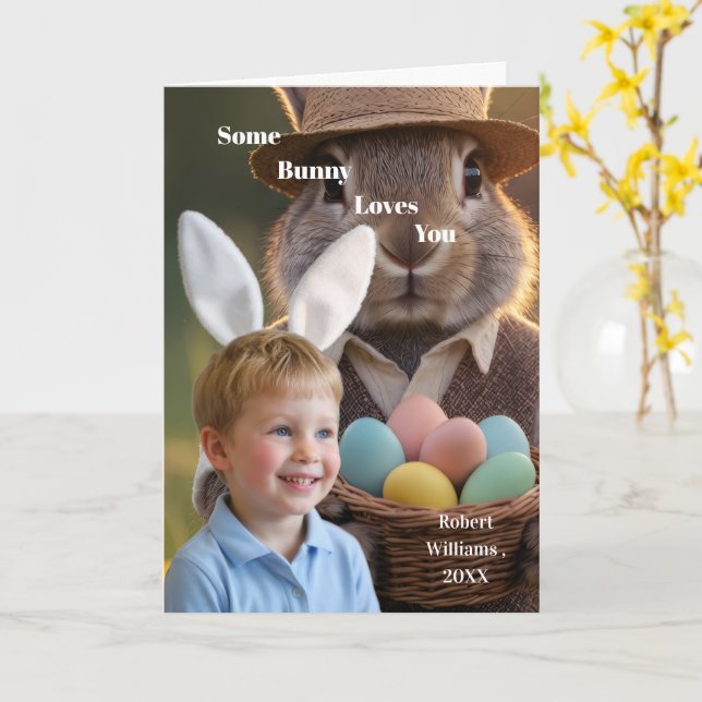 Easter Bunny Ears Boy Photo Customise  Card (Yellow Flower)
