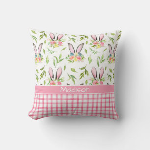 Easter Bunny Ears & Pink Plaid  Throw Pillow