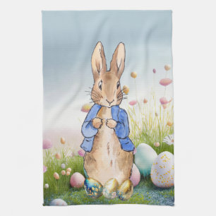 Easter Bunny Easter eggs and wildflowers Tea Towel