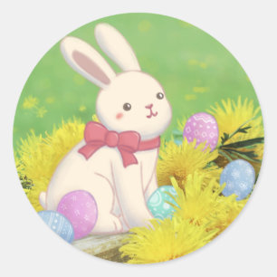 Easter Bunny, Easter Eggs & Flowers Illustration Classic Round Sticker