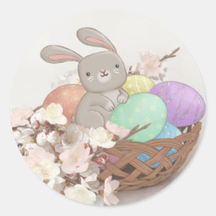 Easter Bunny, Easter Eggs & Flowers Illustration Classic Round Sticker