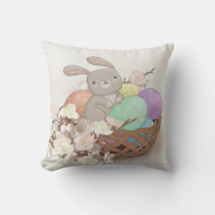 Easter Bunny, Easter Eggs & Flowers Illustration Cushion