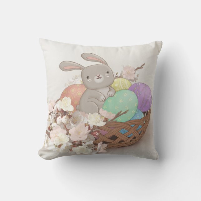 Easter Bunny, Easter Eggs & Flowers Illustration Cushion (Front)