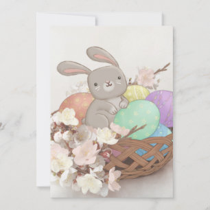 Easter Bunny, Easter Eggs & Flowers Illustration Invitation