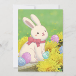 Easter Bunny, Easter Eggs & Flowers Illustration Invitation