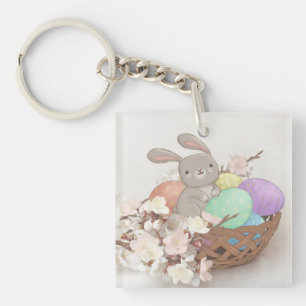 Easter Bunny, Easter Eggs & Flowers Illustration Key Ring