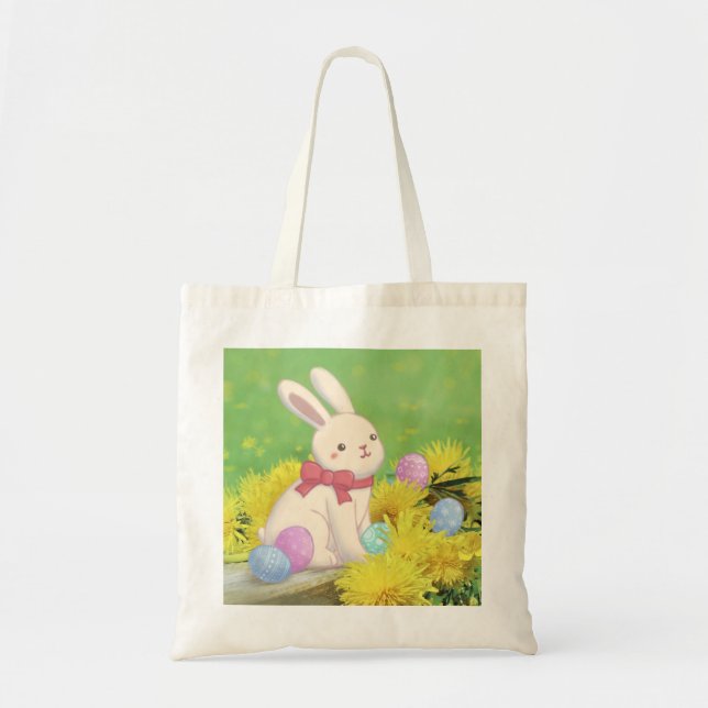 Easter Bunny, Easter Eggs & Flowers Illustration Tote Bag (Front)