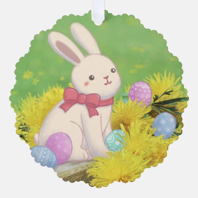 Easter Bunny, Easter Eggs & Flowers Illustration Tree Decoration Card (Front)