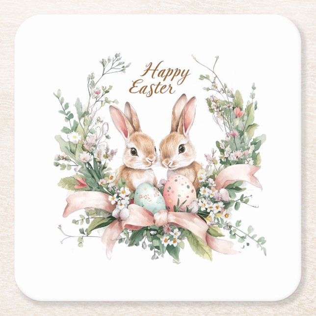 Easter Bunny, Egg, and Wreath  Square Paper Coaster (Front)