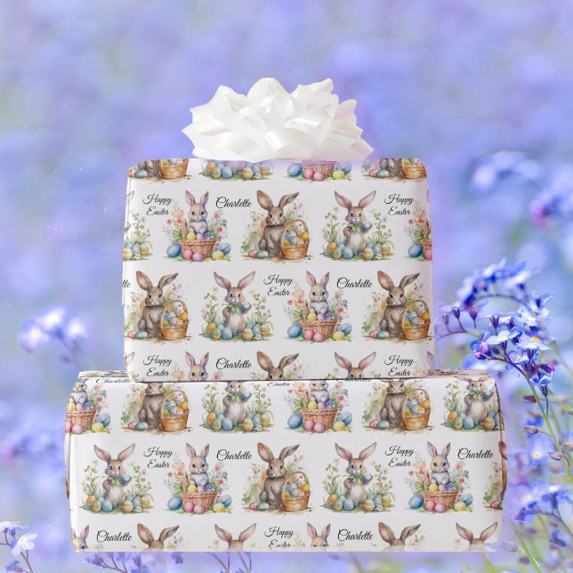 Easter Bunny Egg Basket Add Name Pastel Wrapping Paper (Creator Uploaded)