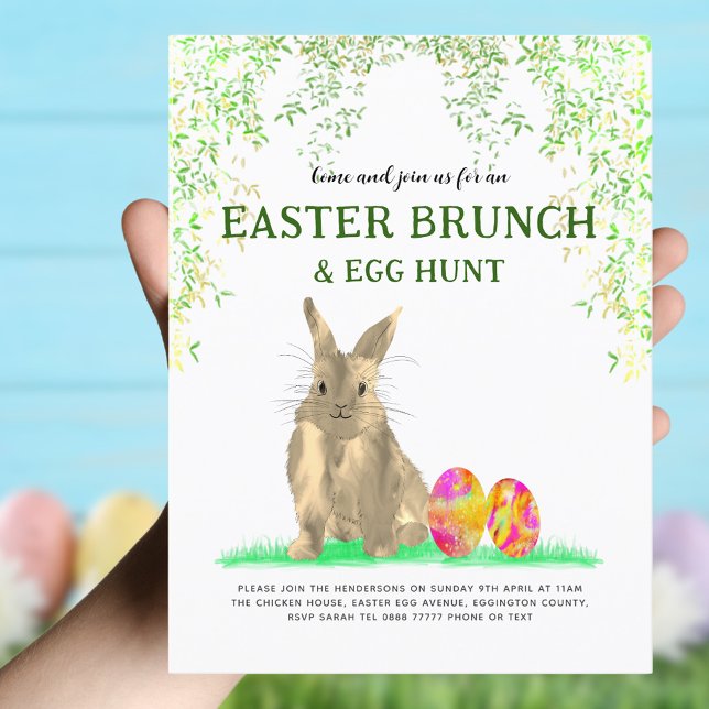Easter Bunny Egg Hunt and Brunch budget Invitation Postcard (Easter brunch and egg hunt watercolor cute Easter bunny and eggs invitation )