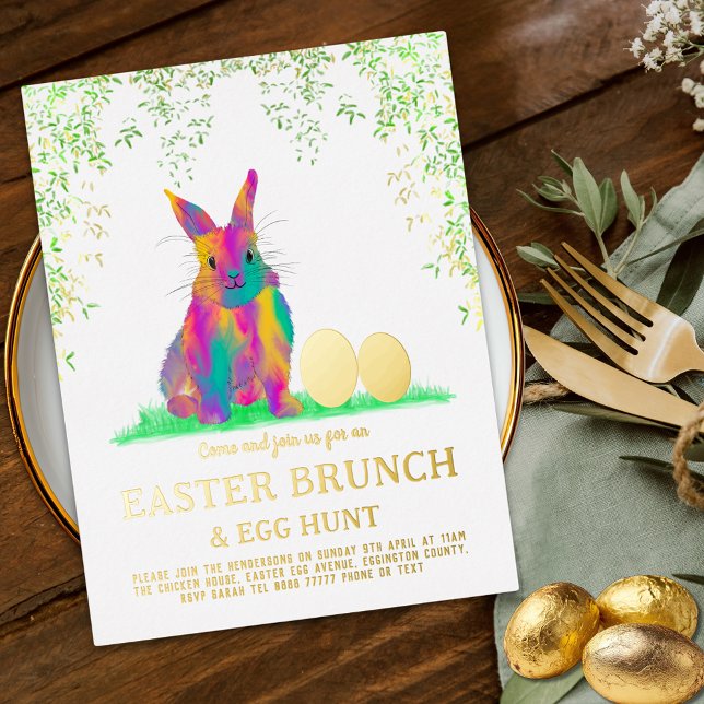 Easter Bunny Egg Hunt and Brunch Gold pink Foil Invitation Postcard (Easter egg hunt spring brunch colorful cute bunny golden eggs garden party gold foil invitation )