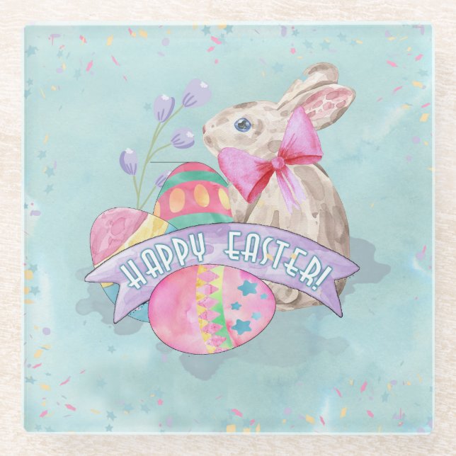 Easter Bunny, Eggs and Confetti ID377 Glass Coaster (Front)