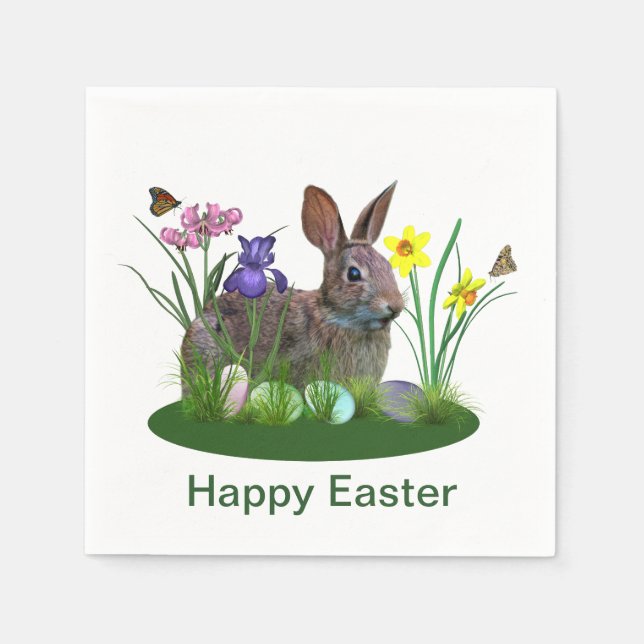 Easter Bunny, Eggs, and Spring Flowers Napkin (Front)