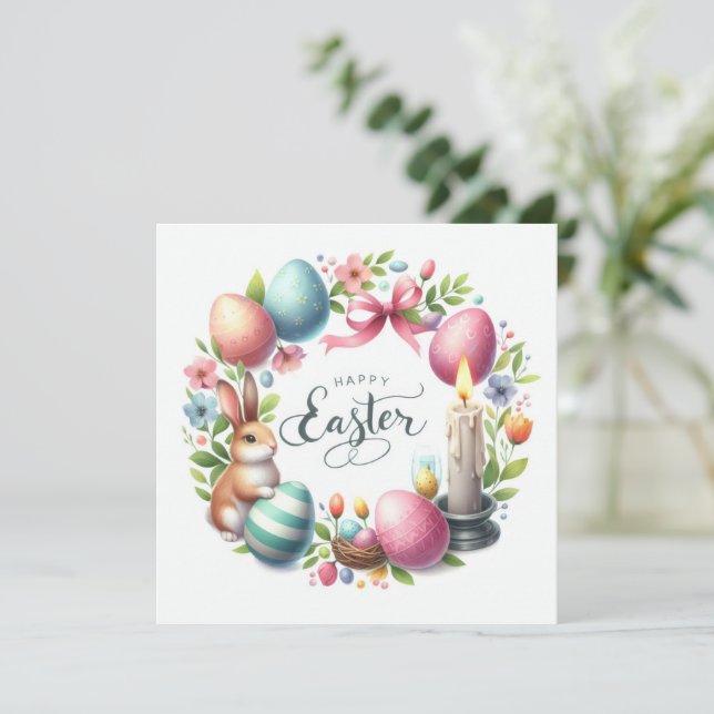 Easter Bunny Eggs Candle Illustration  Holiday Card (Standing Front)