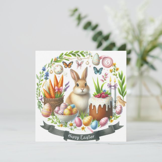 Easter Bunny Eggs Carrots Illustration  Holiday Card (Standing Front)