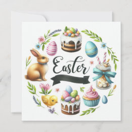 Easter Bunny Eggs Chick Illustration  Holiday Card
