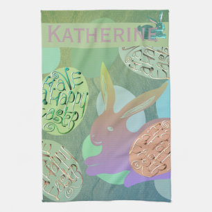 Easter Bunny Eggs "Happy Easter" Tea Towel