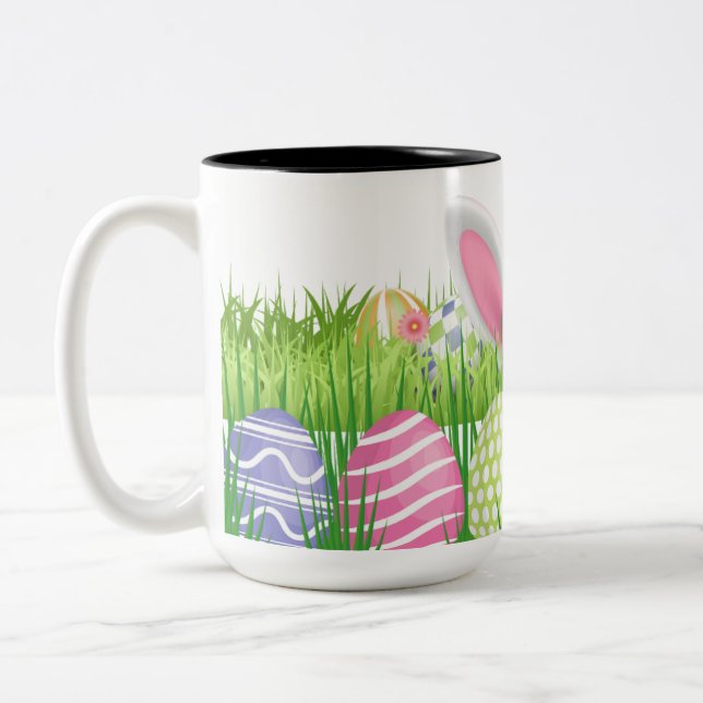 Easter Bunny Eggs Hunt Two-Tone Coffee Mug (Left)