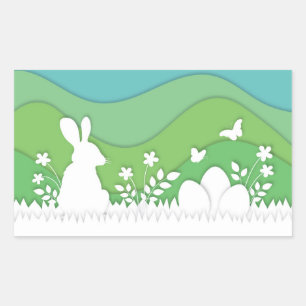 Easter bunny eggs papercut spring holiday nature rectangular sticker