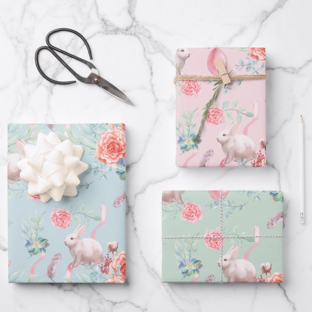 Easter Bunny Elegance Three Colour Wrapping Paper Sheet (Front)