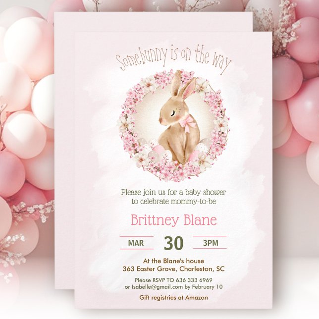 Easter Bunny Elegant Pink Floral Girl Baby Shower Invitation (Easter Bunny Elegant Pink Floral Girl Baby Shower Invitation)