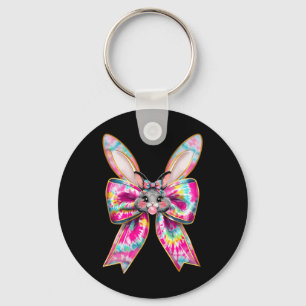 Easter Bunny Face Tie Dye Coquette Bow Easter Day  Key Ring