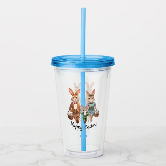 Easter Bunny Family Chasing Eggs Acrylic Tumbler (Front)