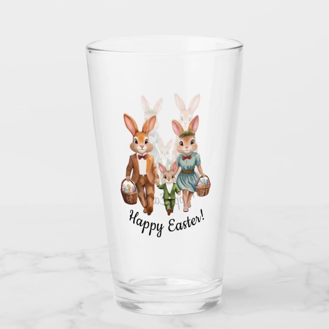 Easter Bunny Family Chasing Eggs Glass (Front)