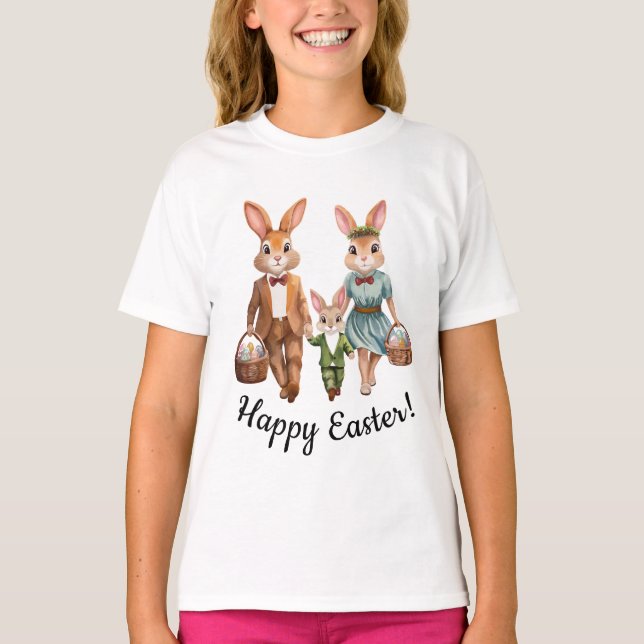 Easter Bunny Family Chasing Eggs  T-Shirt (Front)