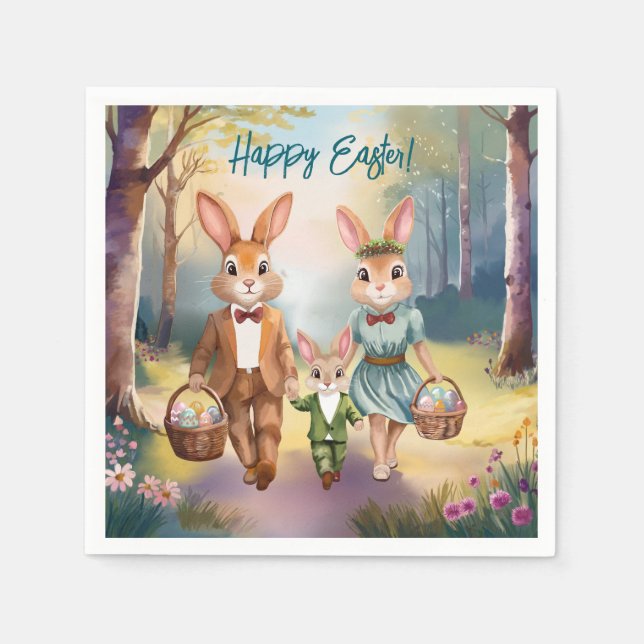 Easter Bunny Family Chasing Eggs - Watercolor Napkin (Front)