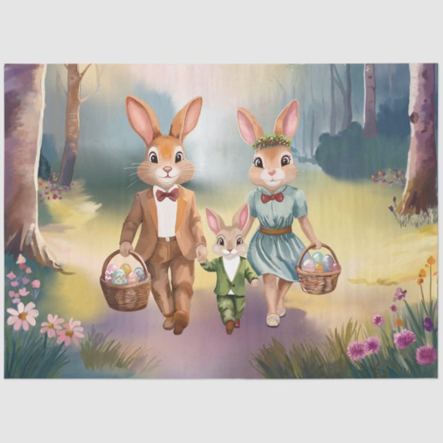 Easter Bunny Family Chasing Eggs - Watercolor Tissue Paper (Front)