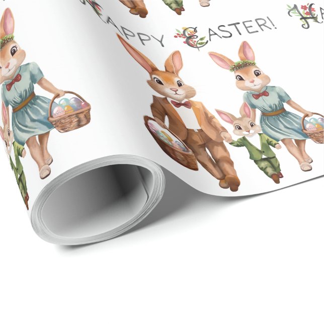 Easter Bunny Family Chasing Eggs - Watercolor Wrapping Paper (Roll Corner)