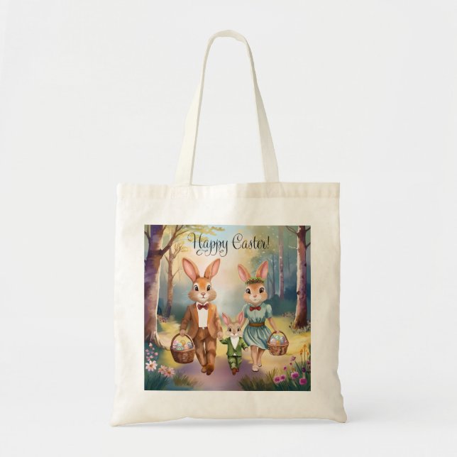 Easter Bunny Family Hunting Eggs - Watercolor Tote Bag (Front)
