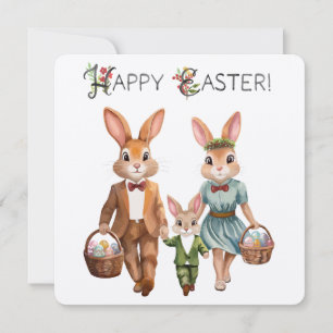 Easter Bunny Family Hunting for Eggs - Watercolor Card
