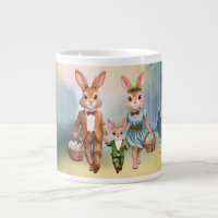 Easter Bunny Family Hunting for Eggs - Watercolor