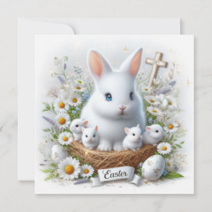 Easter Bunny Family in Floral Nest with Cross Card