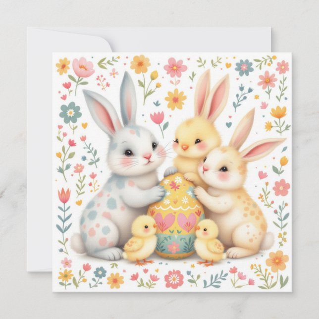 Easter Bunny Family with Chick Friends Holiday Card (Front)