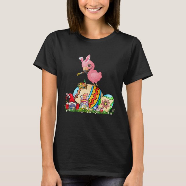 Easter Bunny Flamingo With Gnomes Painting Chocola T-Shirt (Front)