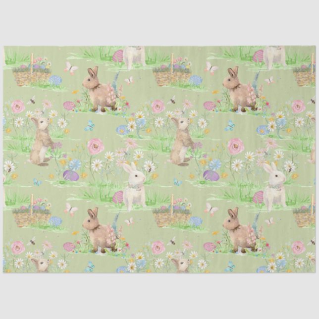 Easter Bunny Floral Butterfly Mint Green Decoupage Tissue Paper (Front)