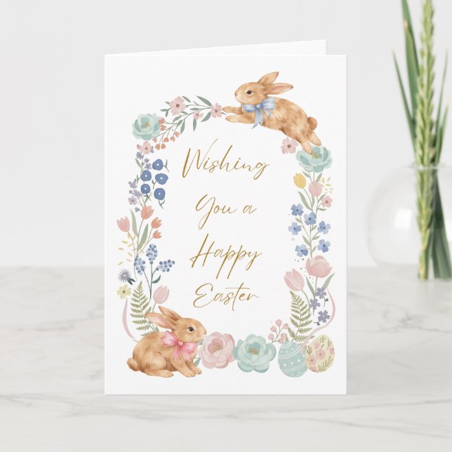 Easter Bunny Floral Watercolor Holiday Card (Front)