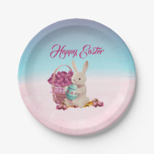 Easter Bunny & Flower Basket Blue & Pink Paper Plate