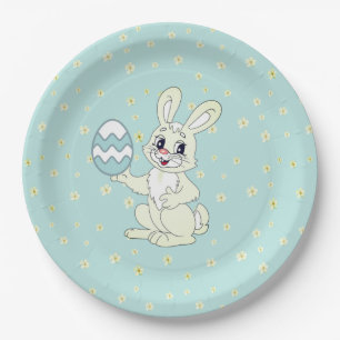 Easter Bunny & Flower Pattern on Light Blue Paper Plate