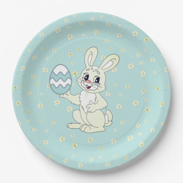 Easter Bunny & Flower Pattern on Light Blue Paper Plate (Front)