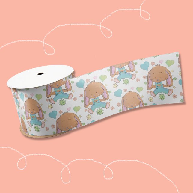 Easter Bunny Flowers and Hearts White Ribbon Satin Ribbon (Sweet watercolor bunny pattern white ribbon for Easter or baby shower baskets embellishments .)
