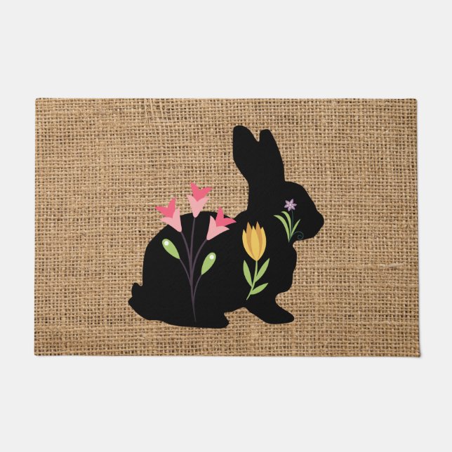 Easter Bunny&Flowers burlap - rustic Doormat (Front)