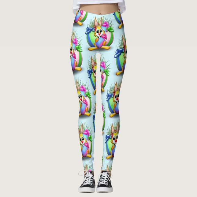 Easter Bunny Funny and Cute Character Biting an Eg Leggings (Front)