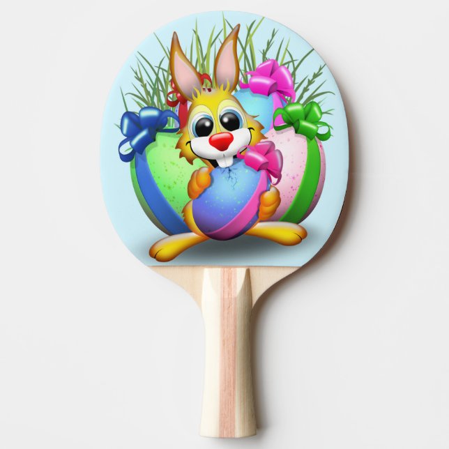 Easter Bunny Funny and Cute Character Biting an Eg Ping Pong Paddle (Front)